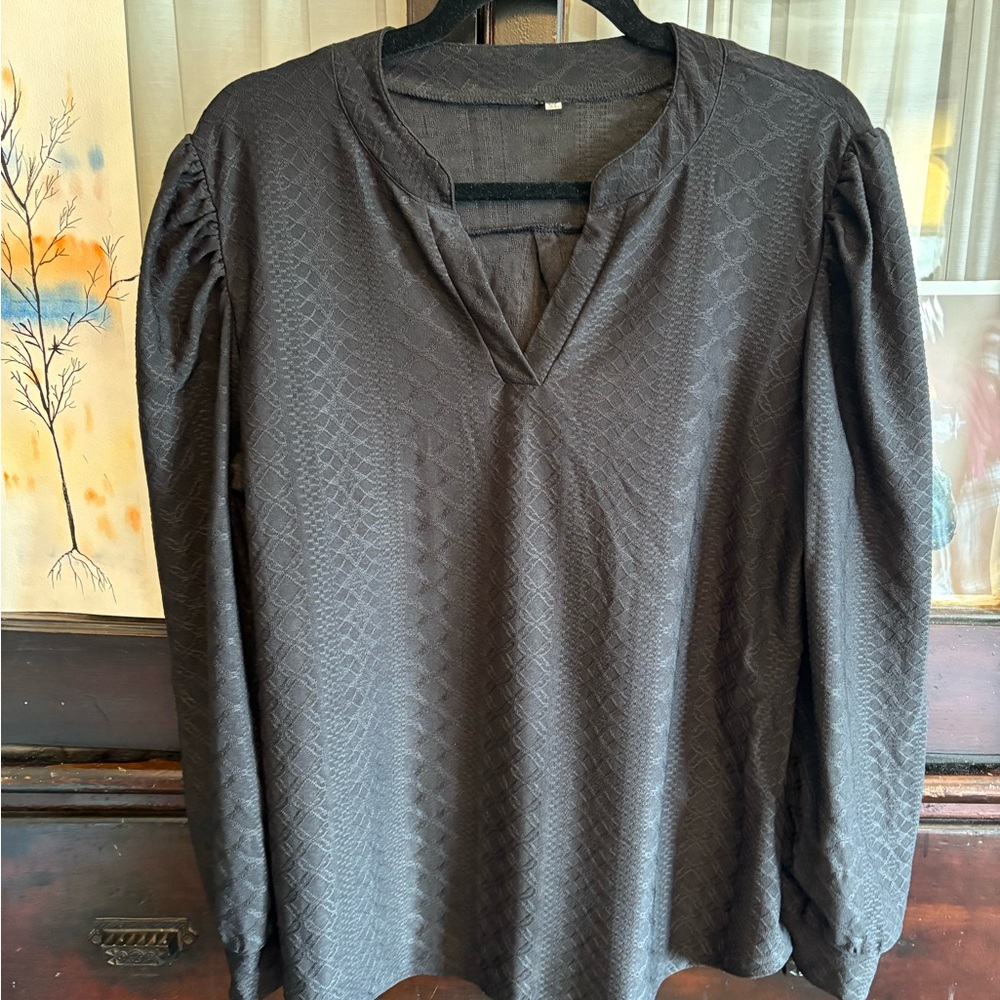 Black V-Neck Long Sleeve Blouse with Subtle Jacquard